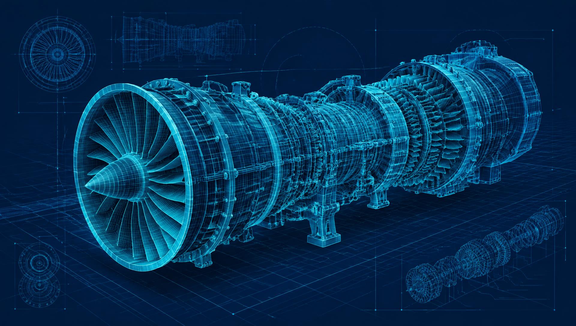 Wireframe CAD model of a turbine engine